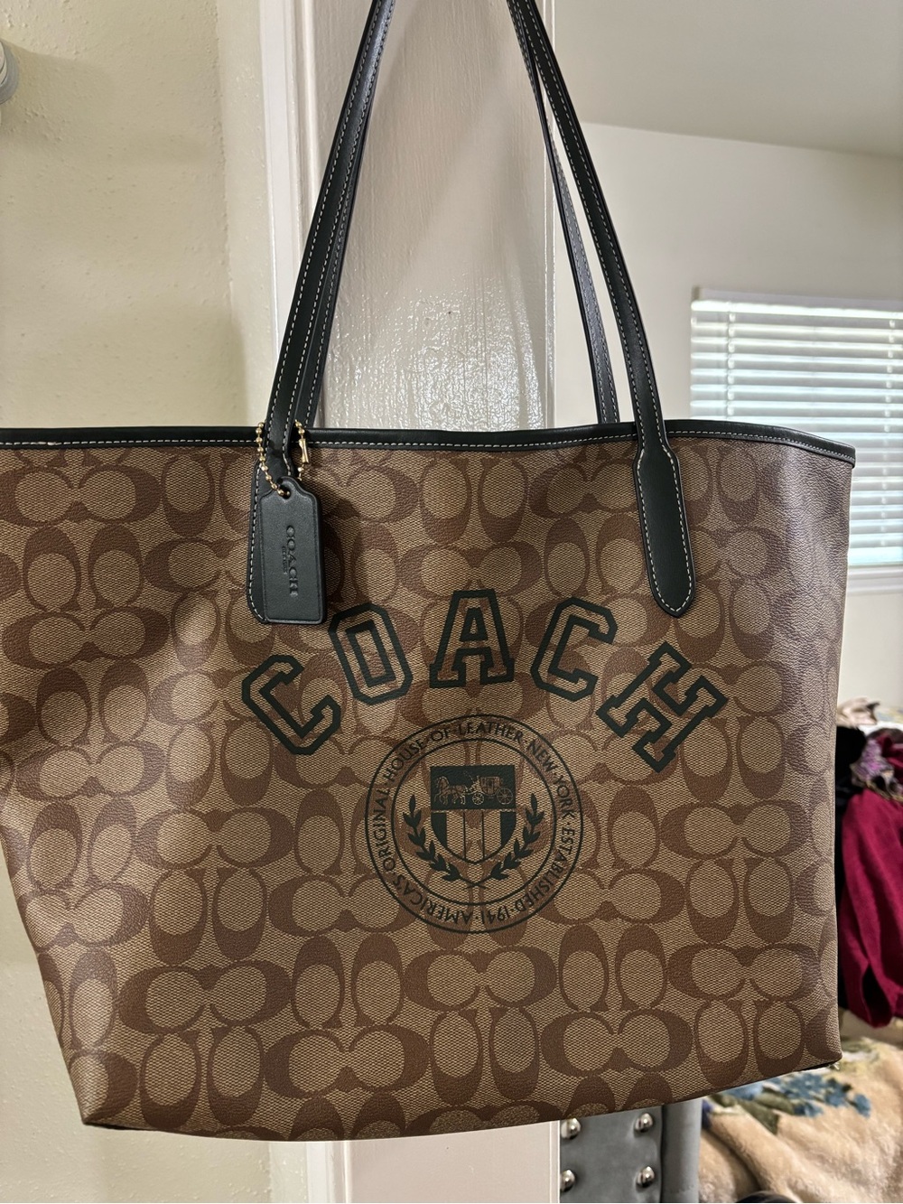 Coach Brown Signature Canvas Tote with Black Leather Trim and Crest